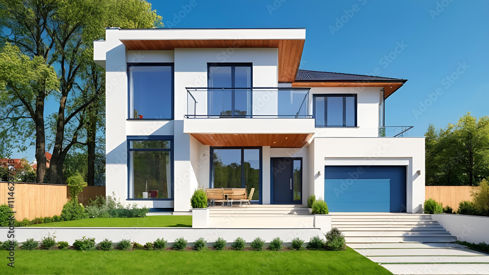 Modern two-storey house in constructivism style with a beautiful plot is for sale, advertising poster