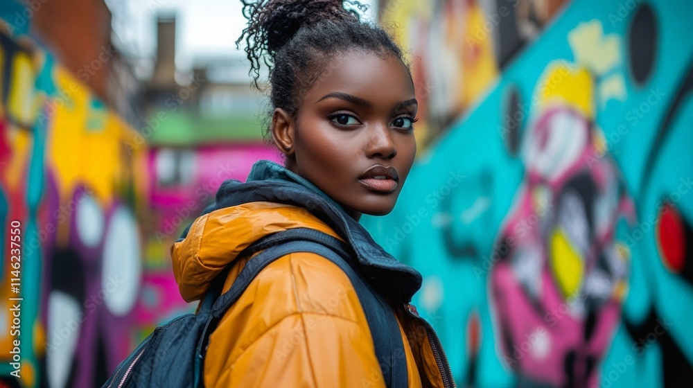 Stylish young woman in a vibrant urban setting, showcasing fashion and bold street art in the background for a striking visual impact. Stylish young woman in a vibrant urban setting, showcasing fashion and bold street art in the background for a striking visual impact.