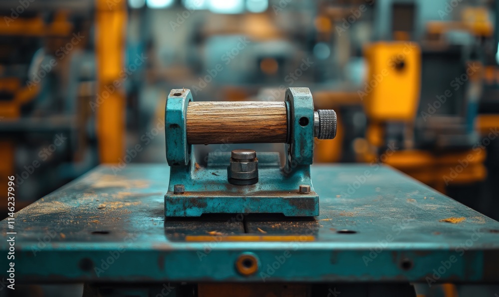 Close-up of a rusty, teal-colored industrial machine part with a wooden roller on a metal surface in a workshop.