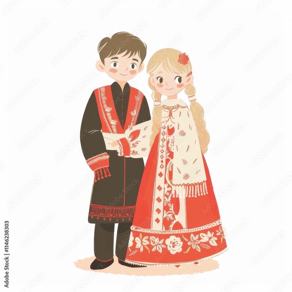 A young couple in traditional Russian clothing stand together with smiles.