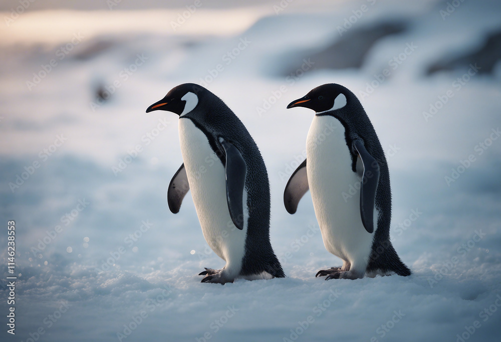 Obraz premium In the icy expanse of Antarctica where the bitter cold seems to stretch to infinity penguins dance a