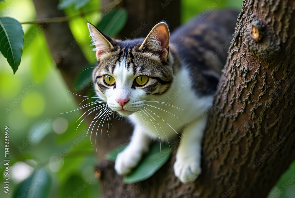 Fototapeta premium A cat is perched in a tree with a close-up of its face