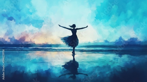 Wallpaper Mural Silhouette of a woman with arms outstretched on a beach at sunset, reflected in the water. Torontodigital.ca