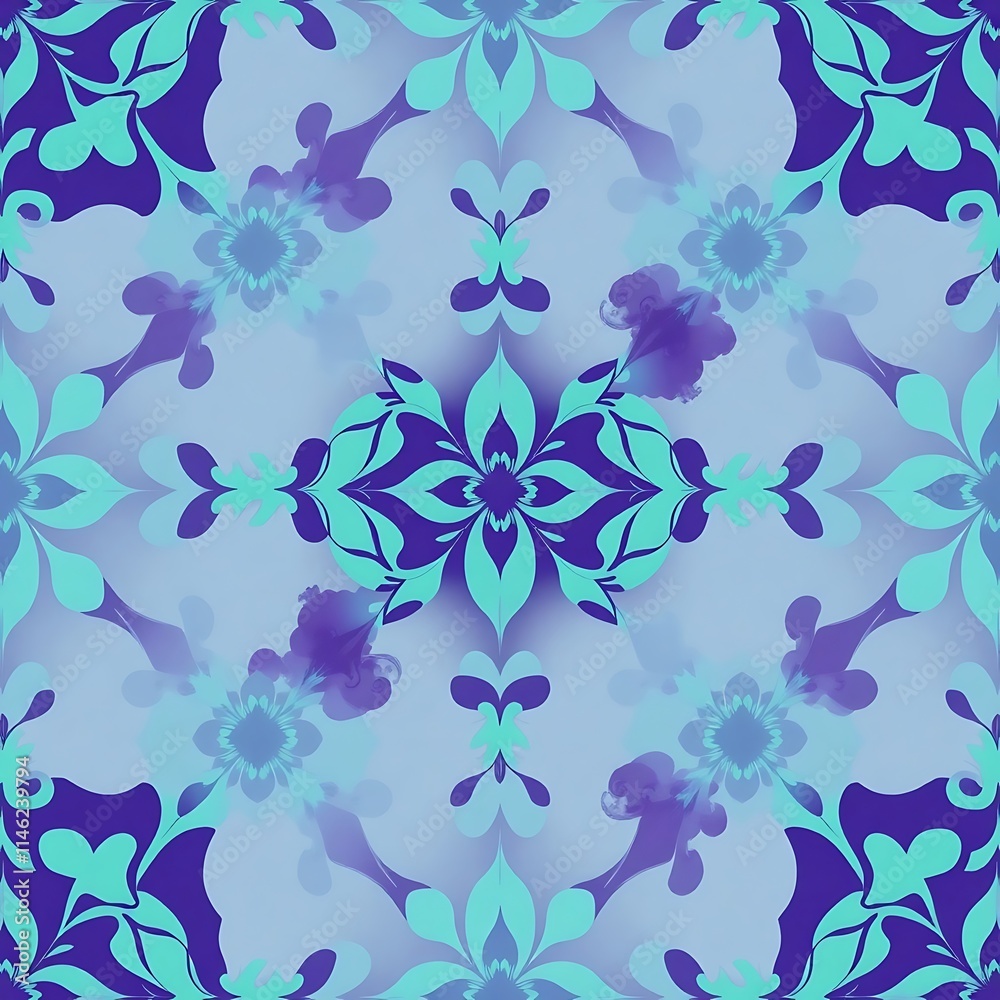 Fototapeta premium Aqua Floral Damask Seamless Pattern 