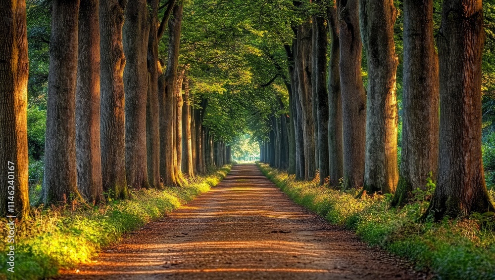 Obraz premium Sunlit path through a tree-lined avenue.