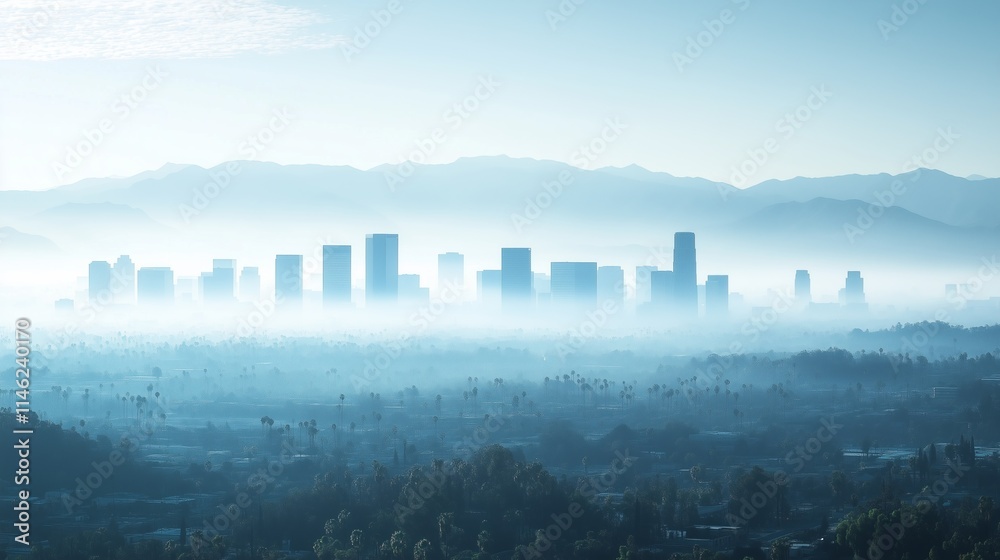 Fototapeta premium A panorama of a city skyline blanketed by smog
