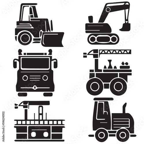 Construction vehicles Shilaoutte Icon Set.The Set Of Constraction Icon Vector.heavy machinery icons