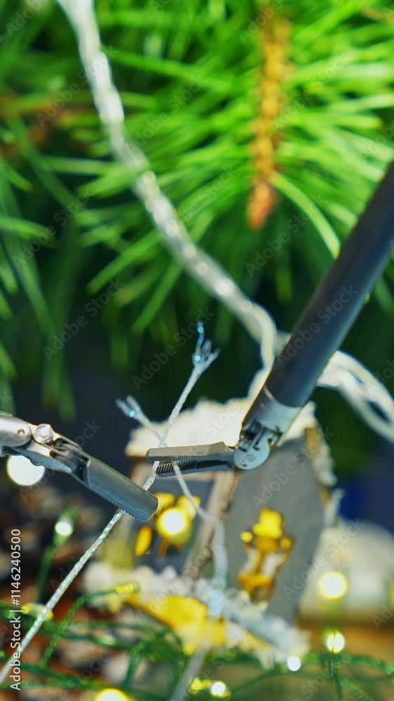 Metal cyborg decorating Christmas tree while preparing to the holidays. Cropped view. Robotic industry concept. Vertical video Metal cyborg decorating Christmas tree while preparing to the holidays. Cropped view. Robotic industry concept. Vertical video