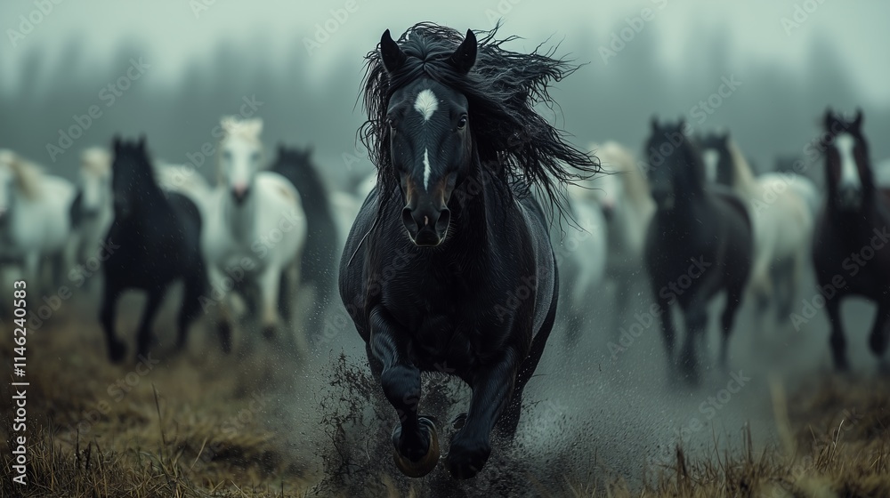 Black Frisian stallion running with white horses in the background Black Frisian stallion running with white horses in the background