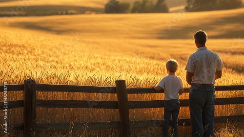 Farmer and Child Watching Wheat Fields in Golden Light photo