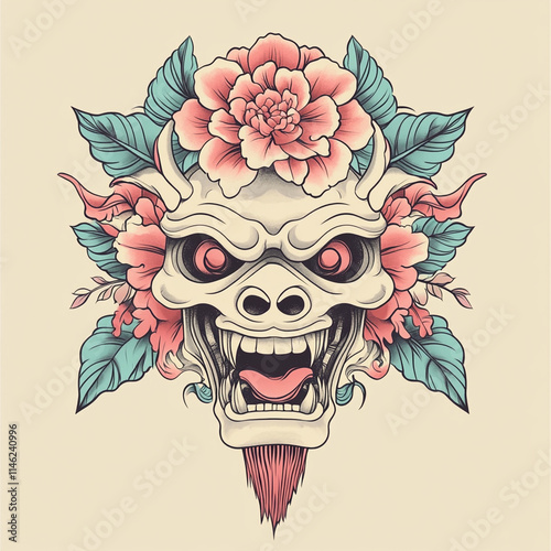 Komainu Mask tattoo flash illustration photo