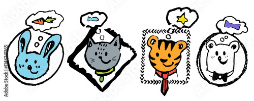 Different animals in frames, vector isolated, hand draw with texture, bunny, cat, tiger and bear and their wishes. Funny and stylish, nice colors.