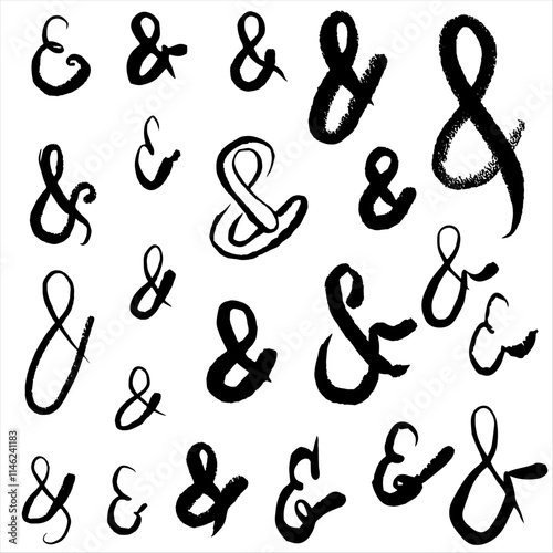 Set of „And“ symbol Ampersand Collection of vector calligraphy signs isolated on white. Hand draw elements. Vector illustration with texture, brush strokes, ink. Free style