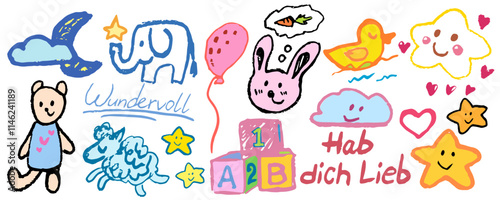 Set of children element. Star, cloud and more. Hand written « wonderful“ and “I love you” in German. Vector, isolated Grafik with texture and nice colors