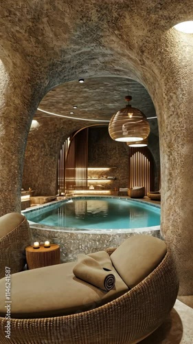 Luxurious spa retreat featuring an indoor pool and soothing lounge area in a serene environment
