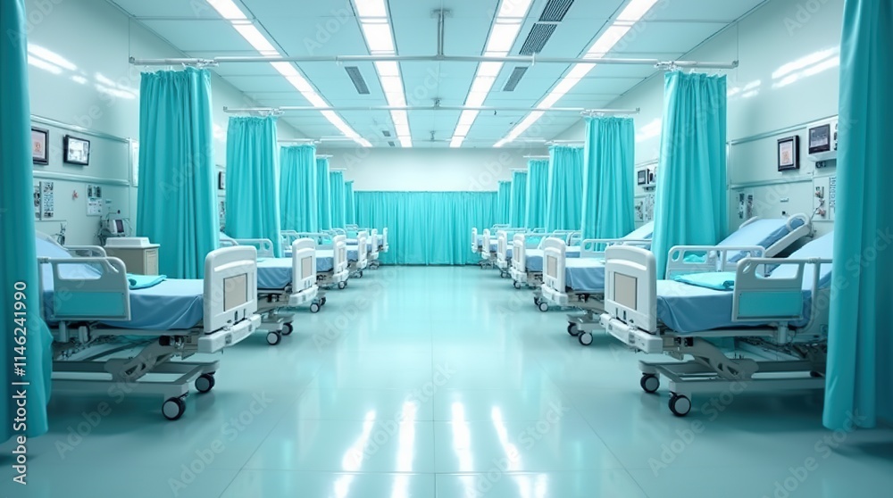 Clean Hospital Ward with Turquoise Curtains and Rows of Empty Medical Beds Clean Hospital Ward with Turquoise Curtains and Rows of Empty Medical Beds