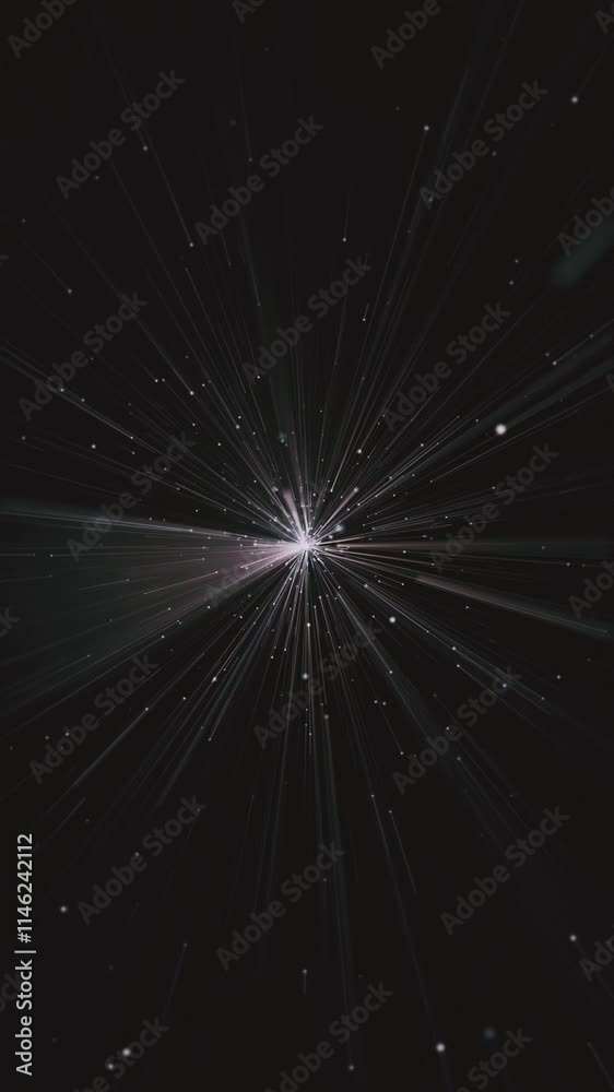 Cosmic interstellar hyperspace motion background animation. Flying at warp speed through glowing star light beams and particles in space. Galaxy starburst explosion vertical animation.