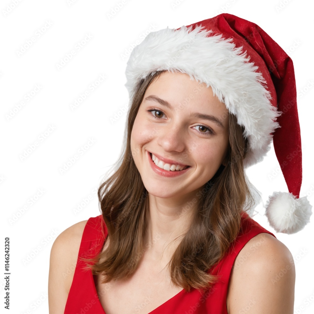 mature woman wearing a Christmas hat, long hair, wearing a red dress, happy face. white background. ai generator mature woman wearing a Christmas hat, long hair, wearing a red dress, happy face. white background. ai generator