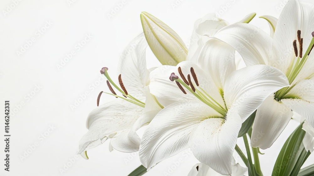 Fototapeta premium A striking arrangement of white lilies against a pure white backdrop, close-up shot, Minimalist style