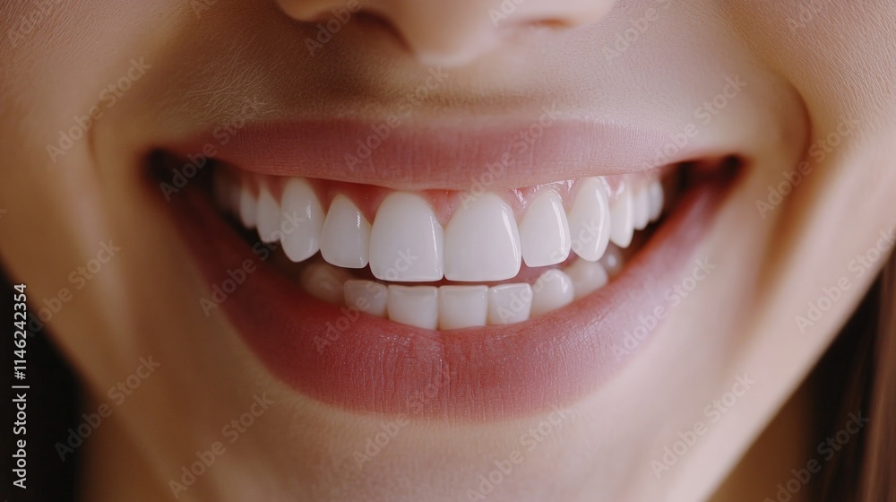 Fototapeta premium Close-up of a woman's bright, healthy smile showing perfect white teeth.