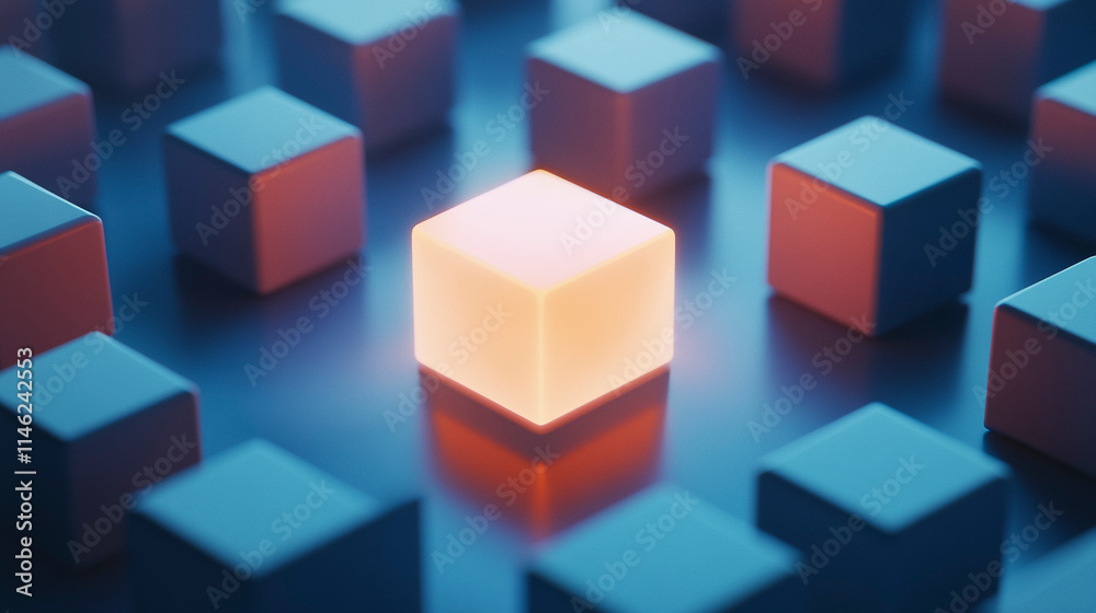 Illuminated Cube Among Matte Blocks on a Clean Blue Backdrop Illuminated Cube Among Matte Blocks on a Clean Blue Backdrop