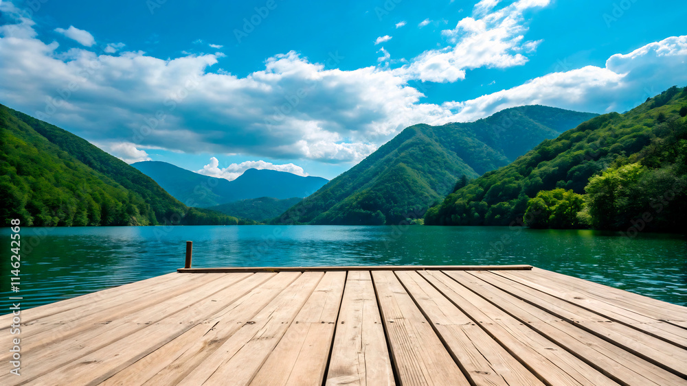 a wooden dock with a lake and mountains in the background a wooden dock with a lake and mountains in the background