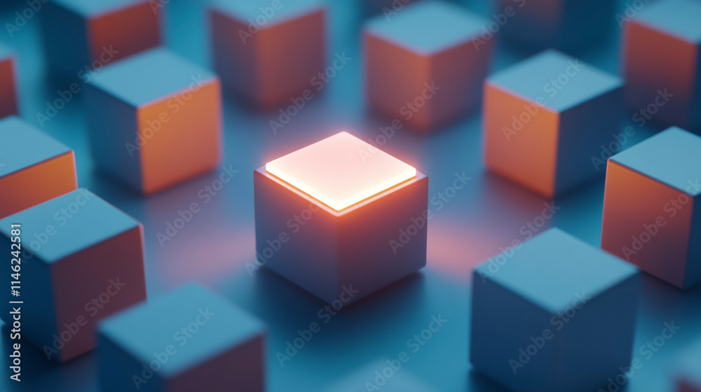 Illuminated Cube Among Matte Blocks on a Clean Blue Backdrop Illuminated Cube Among Matte Blocks on a Clean Blue Backdrop