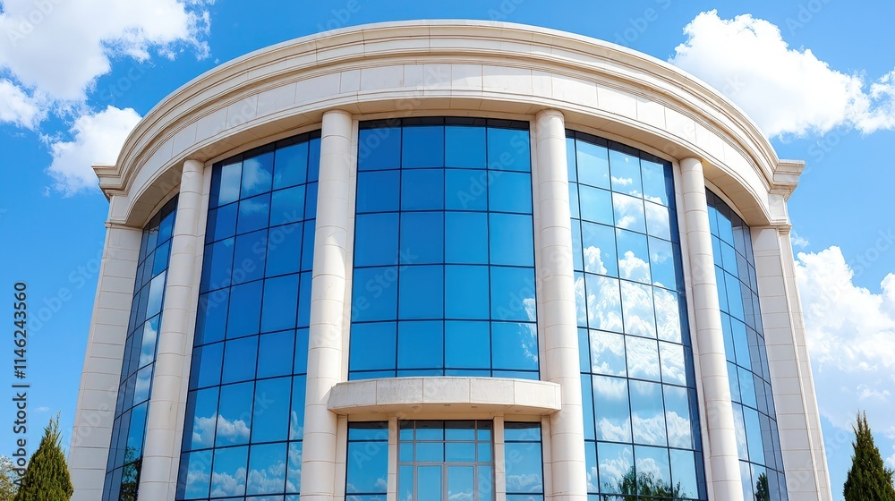 Obraz premium Modern office building with a curved glass facade and stone pillars under a blue sky.