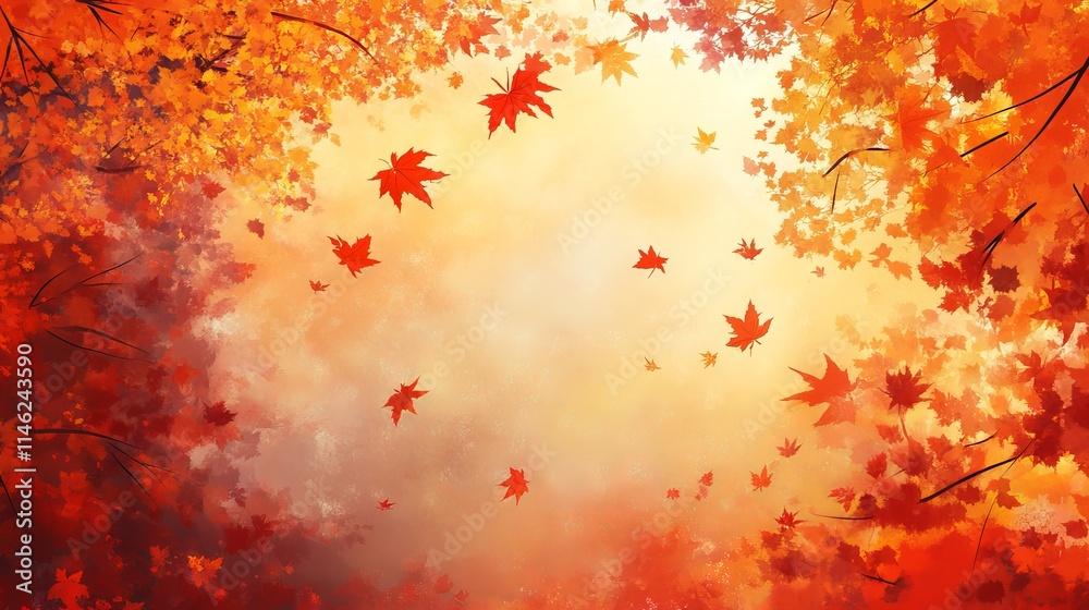Vibrant orange autumn leaves on majestic maple trees against a serene natural fall background Vibrant orange autumn leaves on majestic maple trees against a serene natural fall background