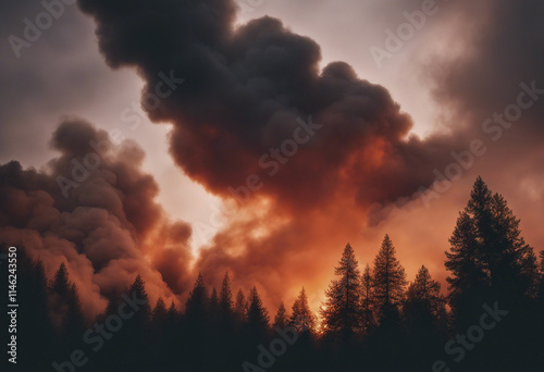 Against the backdrop of a fiery sunset billowing clouds of smoke rise ominously into the darkening s photo