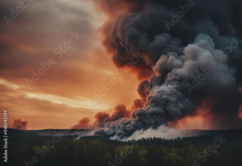 Against the backdrop of a fiery sunset billowing clouds of smoke rise ominously into the darkening s photo