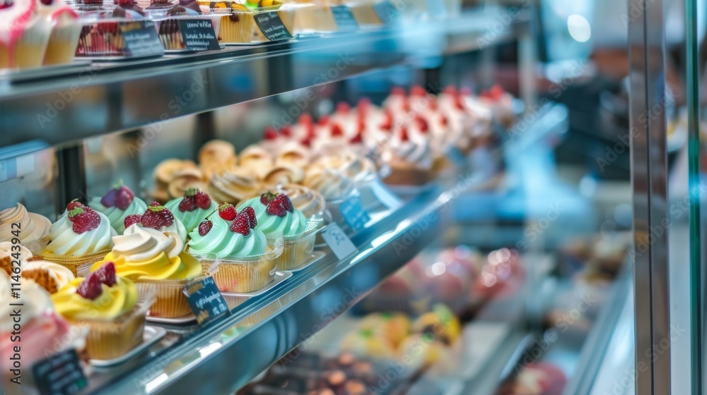 Fototapeta premium Bakery display with colorful pastries and desserts behind glass