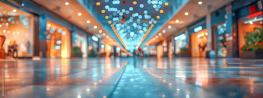 Shopping mall with decorative ceiling lights and glowing reflections. Shopping mall with decorative ceiling lights and glowing reflections.