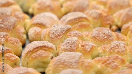 Homemade cakes, on a baking sheet fresh baked in the oven bagels made of cottage cheese dough sprinkled with powdered sugar