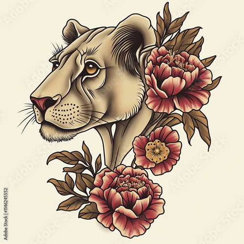 Lioness Portrait tattoo flash illustration photo