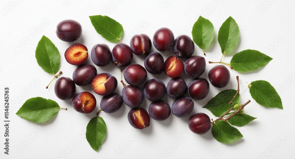 Fresh plums with green leaves on white. Food background. Top view Fresh plums with green leaves on white. Food background. Top view