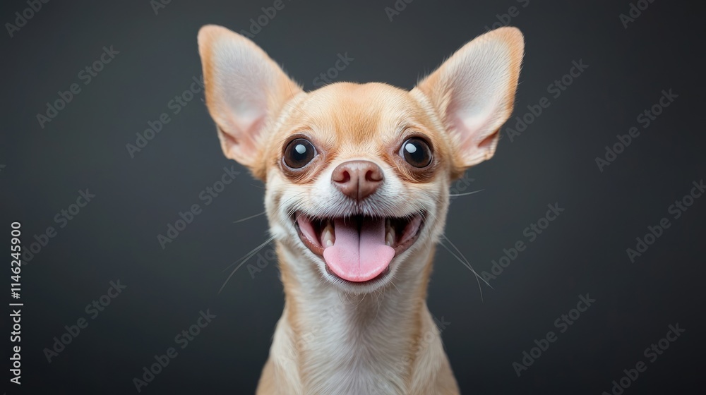 Happy Chihuahua dog portrait against gray background.