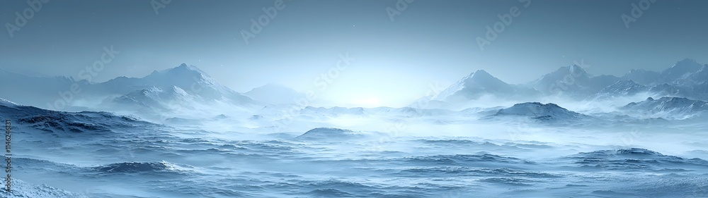 Naklejka premium A serene winter seascape with soft blue hues and mist, showcasing the tranquil beauty of icy waters and distant mountains in a calm atmosphere.