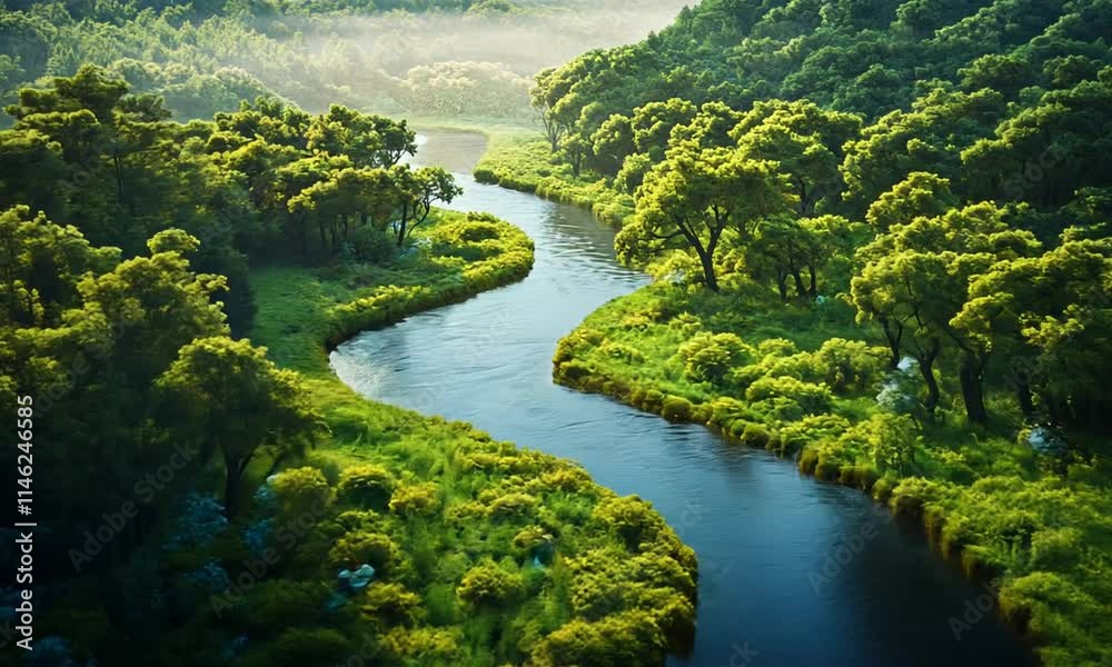 Serene River Flowing Through Lush Green Forest Serene River Flowing Through Lush Green Forest