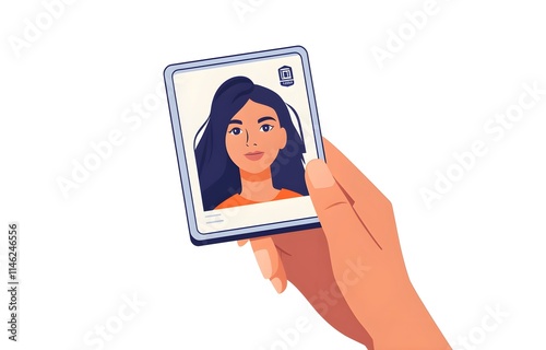 A hand holding up an identification card with the photo of a woman on it, a simple illustration with a white background, in a vector style. 