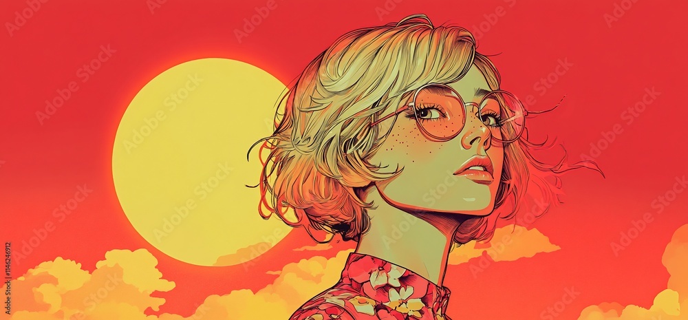 Woman with bob haircut, glasses, floral shirt against sunset. Woman with bob haircut, glasses, floral shirt against sunset.