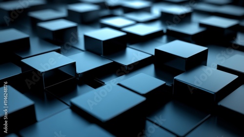 A close-up view of interconnected dark blue cube, background, 3d creating a modern, abstract, background design.