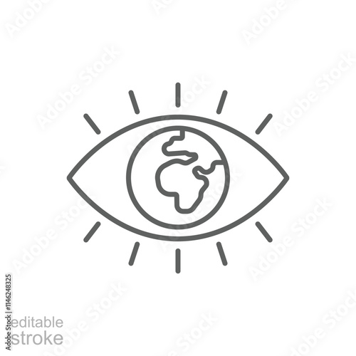 Global vision icon. Simple outline style. Eye with the earth in place of the iris, earth, world, globe, ecology, business concept. Thin line symbol. Vector illustration isolated. Editable stroke.