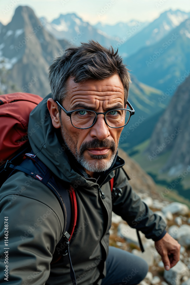 Professional hiker poses confidently on a mountain peak, wearing glasses and a backpack, with a rugged landscape stretching out behind him. Professional hiker poses confidently on a mountain peak, wearing glasses and a backpack, with a rugged landscape stretching out behind him.
