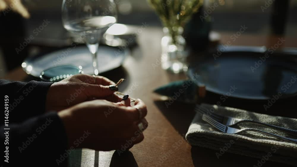 Hands of a person on a dining table Hands of a person on a dining table