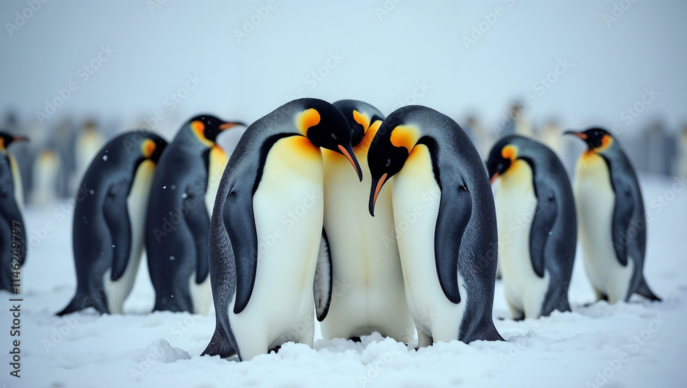 Obraz premium Emperor penguins bonding together in a snowy colony in Antarctica