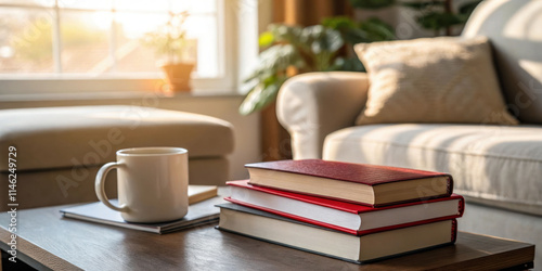 Stack of colorful books beside a cup of coffee on a wooden table in a sunlit living room