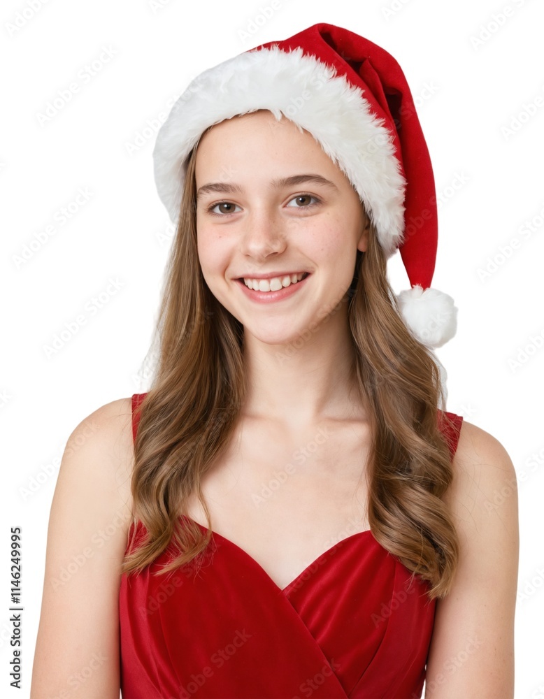 mature woman wearing a Christmas hat, long hair, wearing a red dress, happy face. white background. ai generator mature woman wearing a Christmas hat, long hair, wearing a red dress, happy face. white background. ai generator