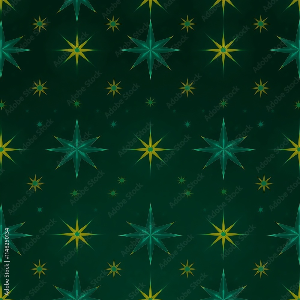 Emerald Night Sky Seamless Pattern: A captivating, repeating pattern of glowing stars in shades of green and gold, perfect for adding a touch of celestial wonder to your designs. The stars. Emerald Night Sky Seamless Pattern: A captivating, repeating pattern of glowing stars in shades of green and gold, perfect for adding a touch of celestial wonder to your designs. The stars.