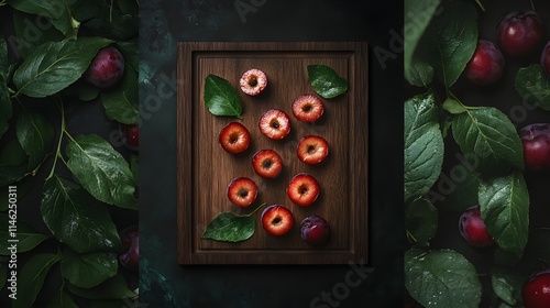 Sliced red plums on a wooden board, with green leaves and a dark background. Closeup view, high-resolution photography. 